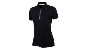 Schwarzes Poloshirt mit weißen Details an Knopfleiste und Kragen 1