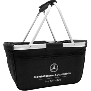 Schwarzer Einkaufskorb mit Aluminiumgriffen und gepolstertem Handgriff, Vorderseite mit Mercedes-Benz-Logo und der Aufschrift „Nord-Ostsee Automobile – Lust auf Leistung“, inklusive Reißverschlusstasche 1