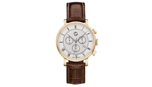 Chronograph mit goldener Umrandung, silber Ziffernblatt und braunem Lederarmband 1