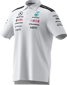 Weißes Mercedes-Benz Poloshirt mit diversen Logos 4