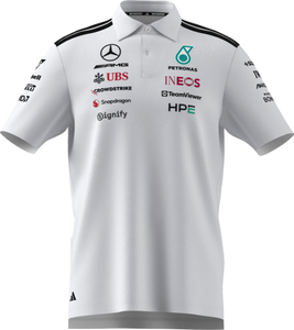 Weißes Mercedes-Benz Poloshirt mit diversen Logos 1