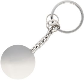 Rückseite eines Schlüsselanhängers aus glänzendem Metall, mit glatter, polierter Fläche. 2