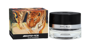 Duftflakon mit schwarzem Deckel neben Verpackung 1