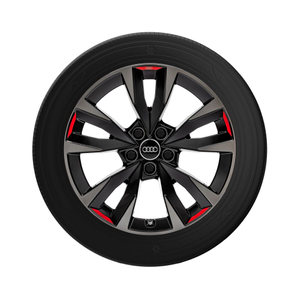 Rad, 5-V-Speichen-Acumen schwarz mit Kontrastfarben Quarzgrau und Signalrot, 8,0Jx18, Winterreifen 225/40 R18 92V XL, rechts 1