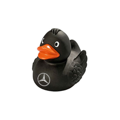 Schwarze Badeente aus Kunststoff mit orangenem Schnabel und Mercedes-Benz Log auf der Brust