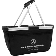Schwarzer Einkaufskorb mit Aluminiumgriffen und gepolstertem Handgriff, Vorderseite mit Mercedes-Benz-Logo und der Aufschrift „Nord-Ostsee Automobile – Lust auf Leistung“, inklusive Reißverschlusstasche