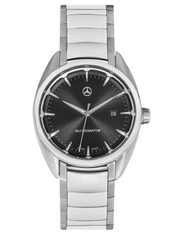 Luxuriöse Automatik-Armbanduhr mit silbernem Edelstahlarmband, schwarzem Zifferblatt und Mercedes-Benz-Logo, ausgestattet mit Datumsanzeige und blauen Akzenten.