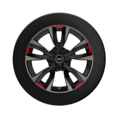 Rad, 5-V-Speichen-Acumen schwarz mit Kontrastfarben Quarzgrau und Signalrot, 8,0Jx18, Winterreifen 225/40 R18 92V XL, links